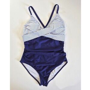 B2PRITY Navy Blue Striped One Piece Swimsuit Ruched Tummy Control Size Large